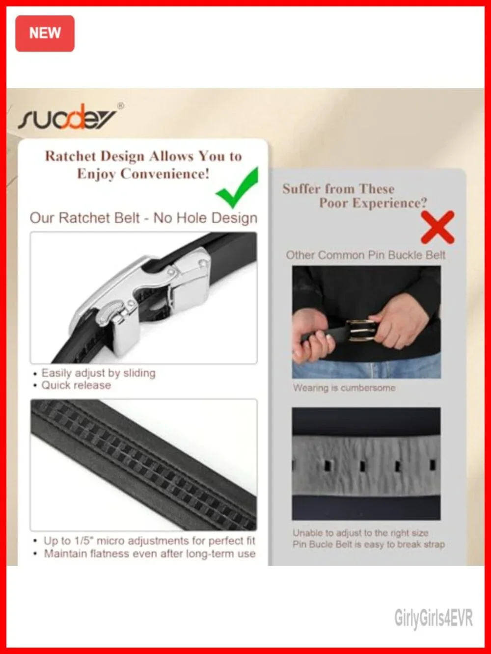 Women's Ratchet Leather Belt with Automatic Sliding Buckle, 1.2